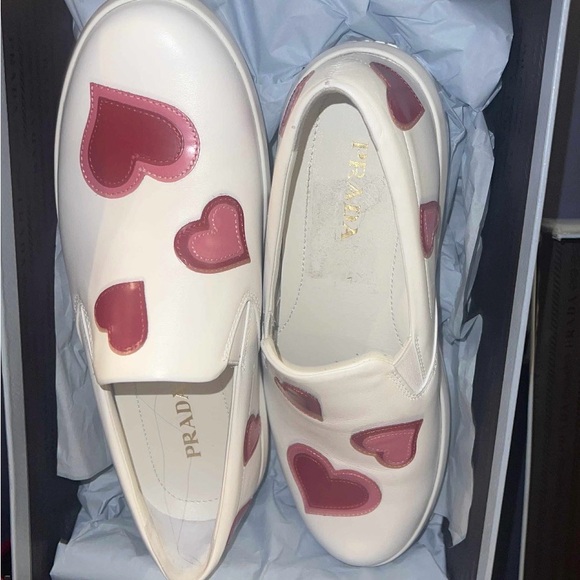 Prada Shoes - Prada Women's Cream and Red Heart Loafers